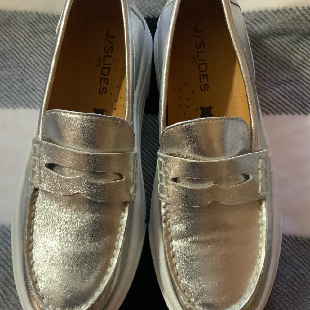 J/SLIDES Metallic Silver Loafers